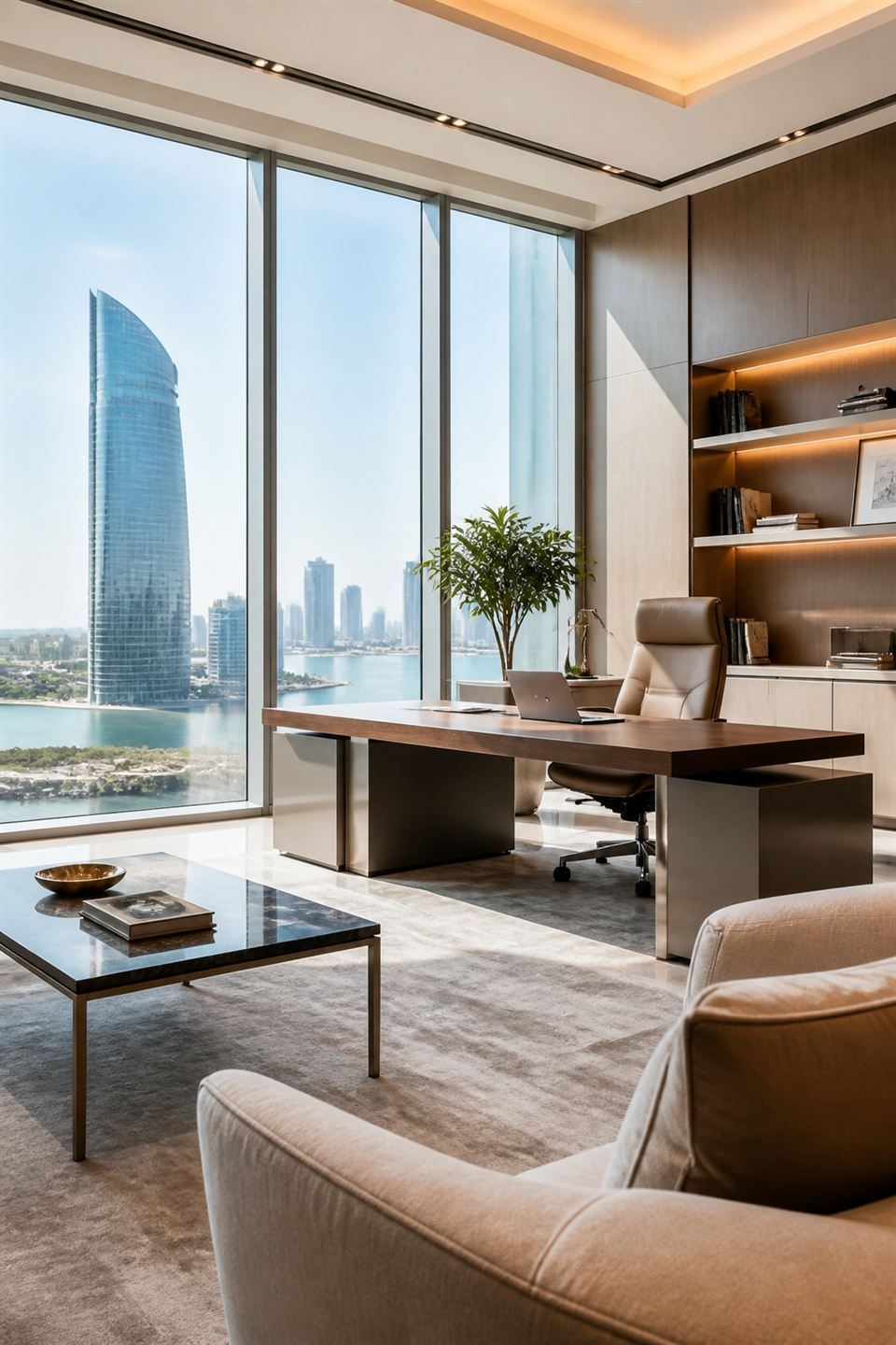 Modern Abu Dhabi office interior with glass walls and natural light